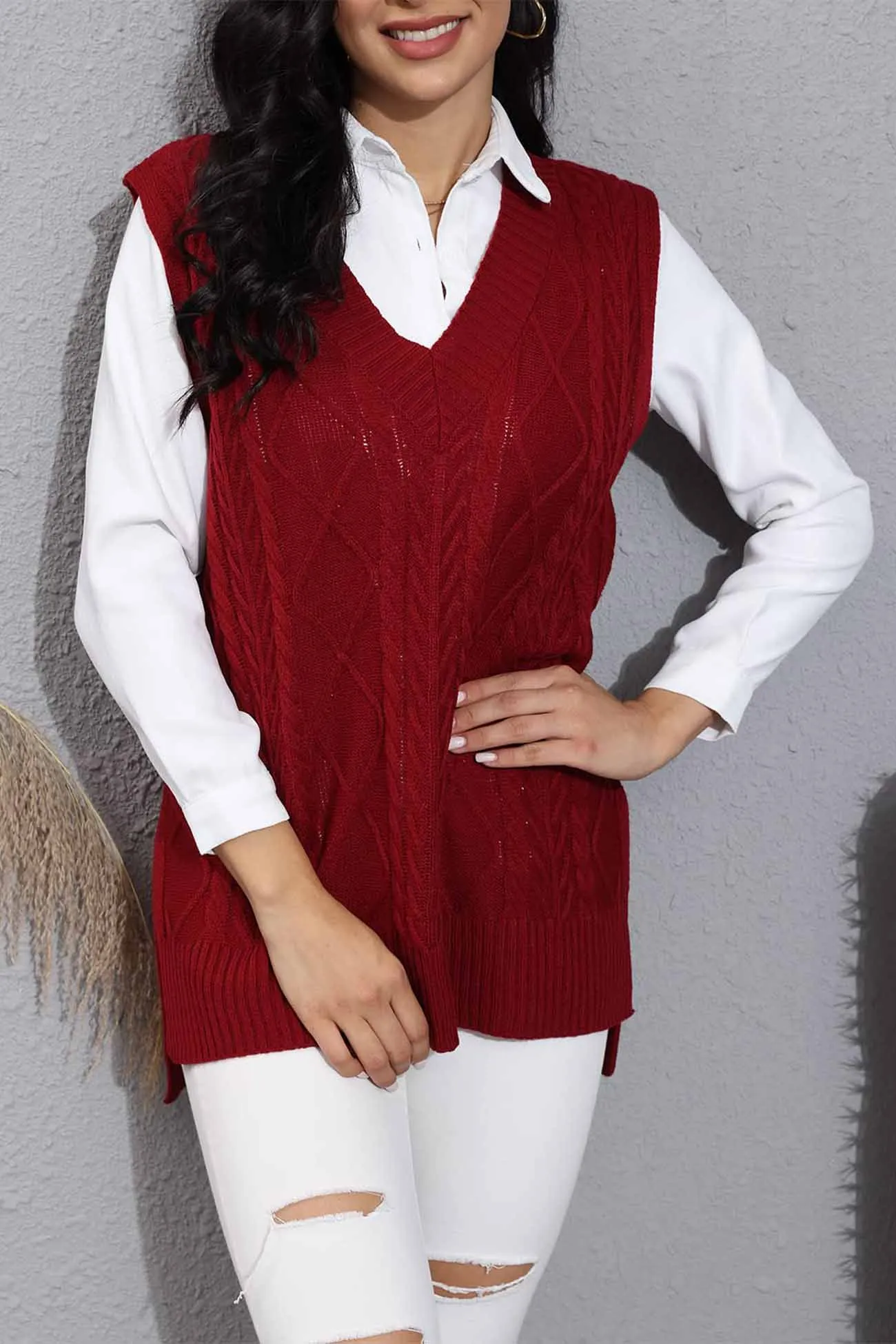 V Neck Sleeveless Plaid Cable Knit Tank Top Sweaters