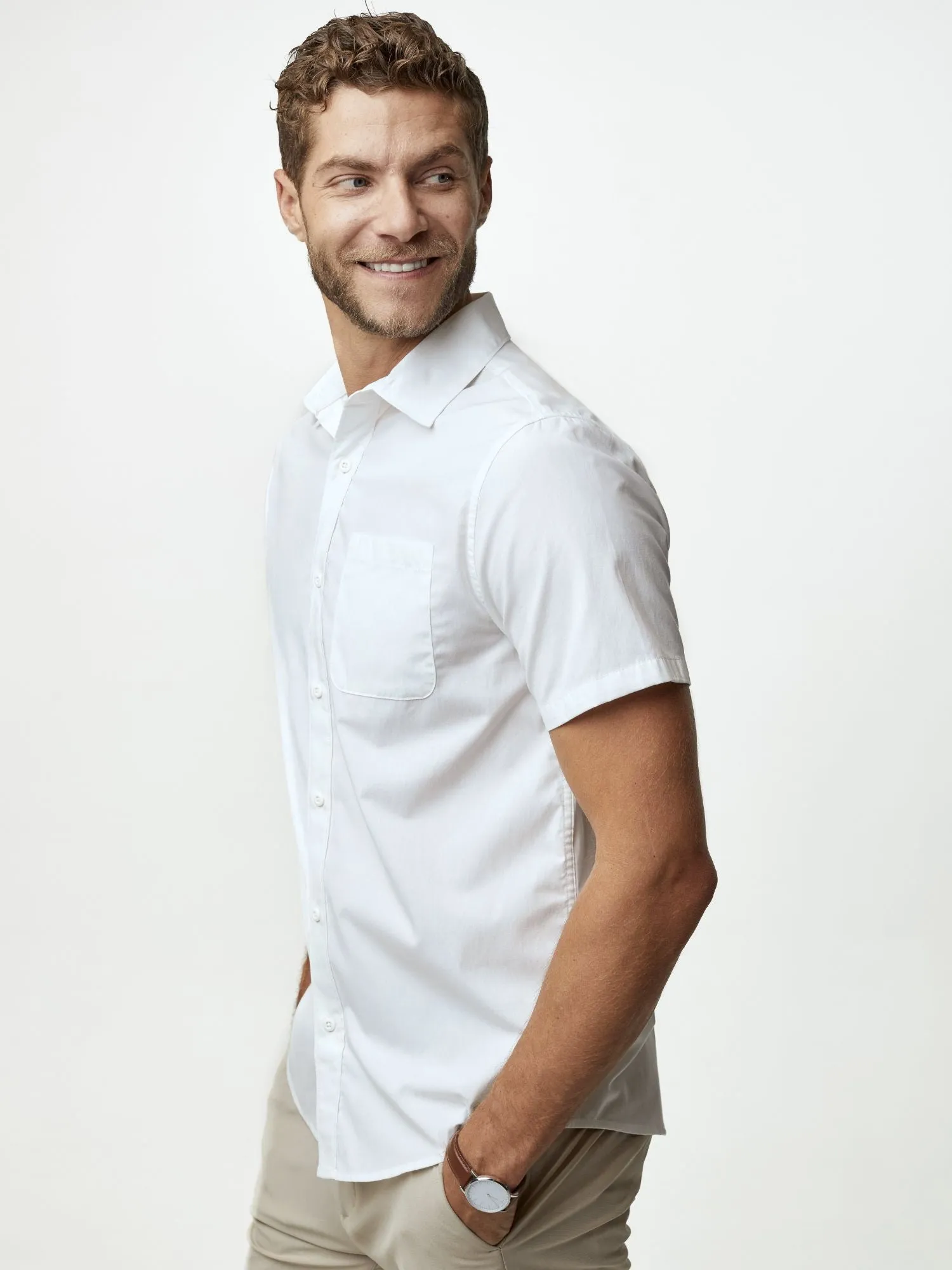 White Short Sleeve Stretch Button Up