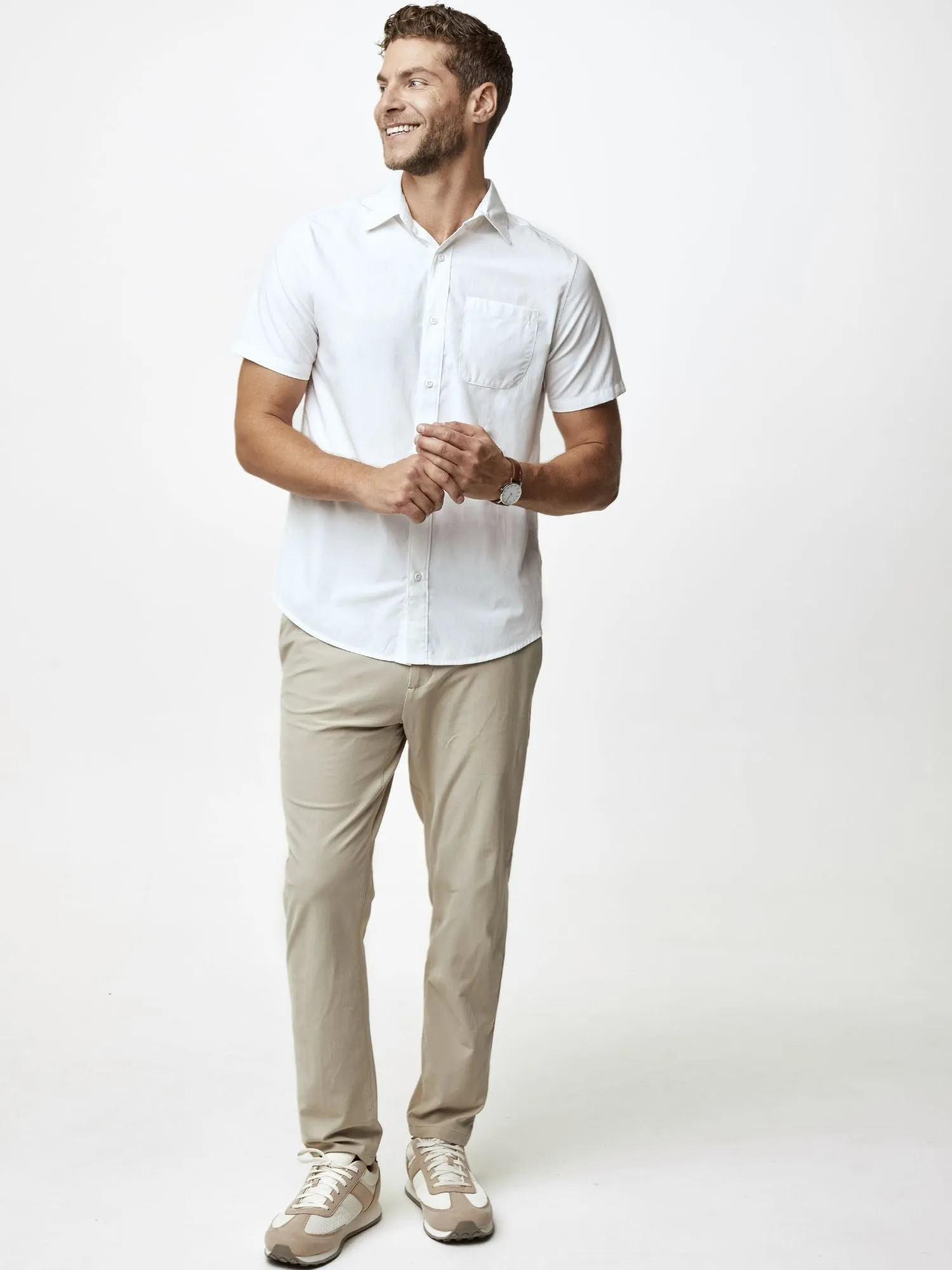 White Short Sleeve Stretch Button Up
