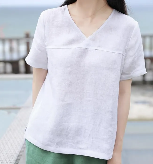 White V Neck Orange Linen Blouse Simple Style Shirts Summer Tops  SMM9508