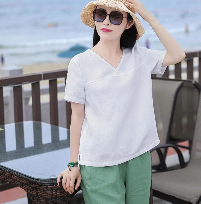 White V Neck Orange Linen Blouse Simple Style Shirts Summer Tops  SMM9508