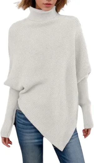Women Turtleneck Ribbed Knit Sweater, Oversized Long Sleeve Casual Warm Pullover Fashion Asymmetric Hem Jumper Tops