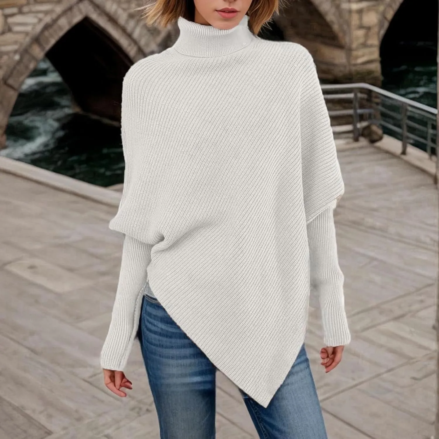 Women Turtleneck Ribbed Knit Sweater, Oversized Long Sleeve Casual Warm Pullover Fashion Asymmetric Hem Jumper Tops