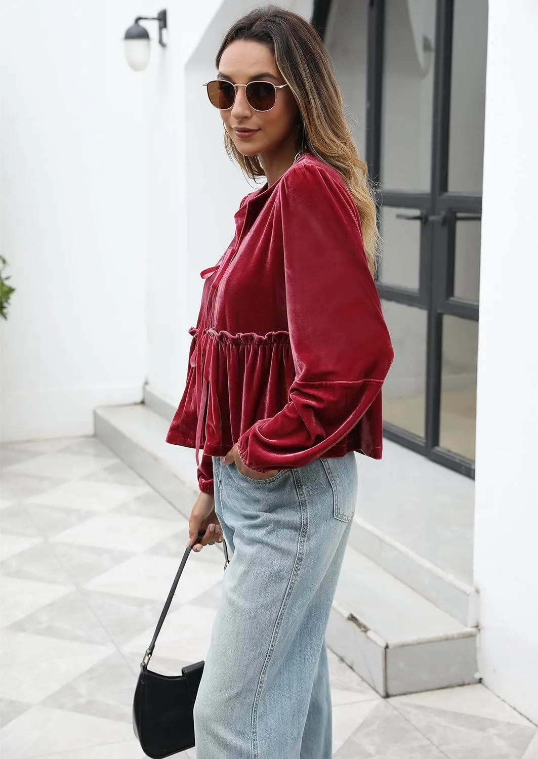 Women Velvet Blouse Tops Bow Tie Front Flowy Long Puff Sleeve V Neck Ruffle Peplum Babydoll Shirt