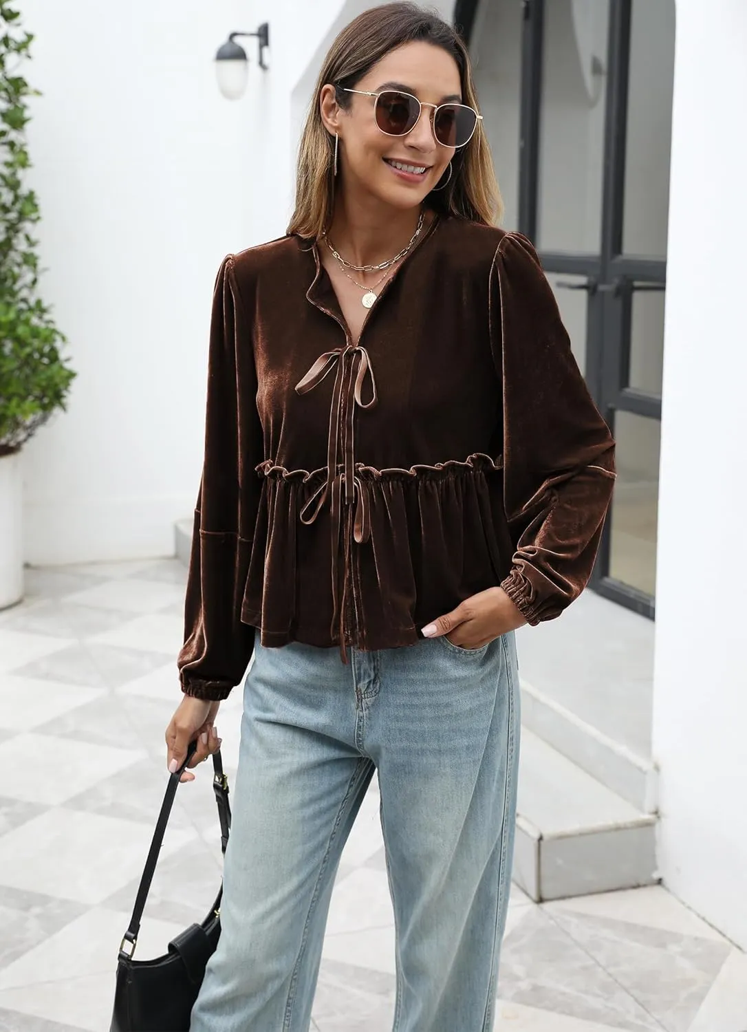 Women Velvet Blouse Tops Bow Tie Front Flowy Long Puff Sleeve V Neck Ruffle Peplum Babydoll Shirt