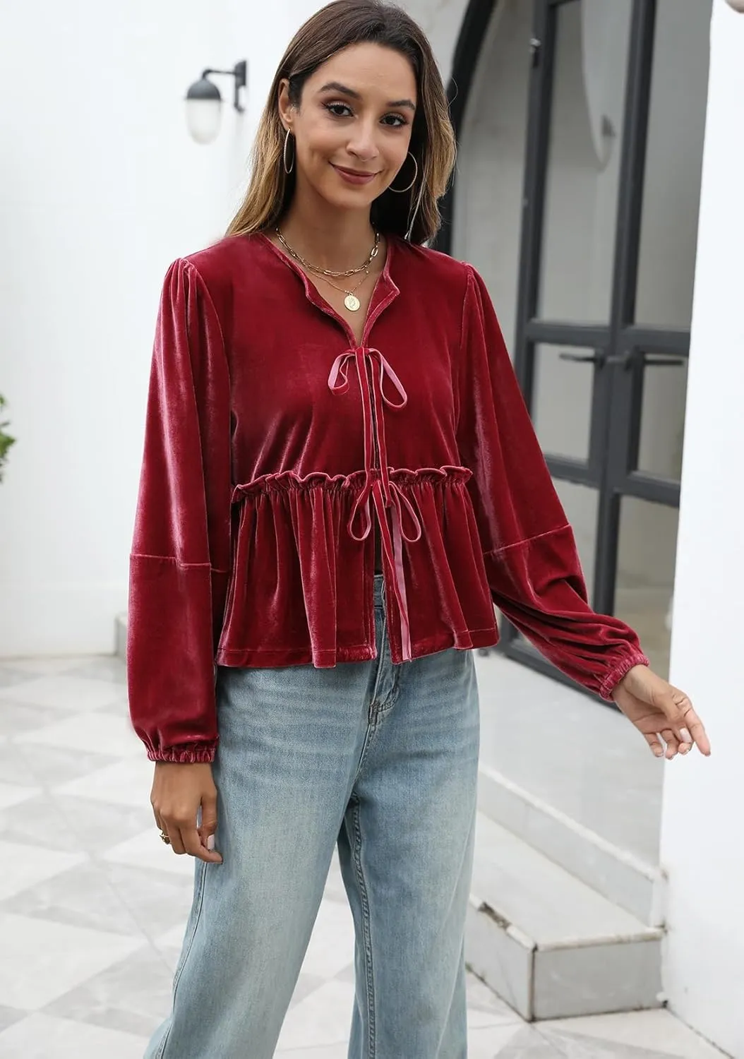 Women Velvet Blouse Tops Bow Tie Front Flowy Long Puff Sleeve V Neck Ruffle Peplum Babydoll Shirt