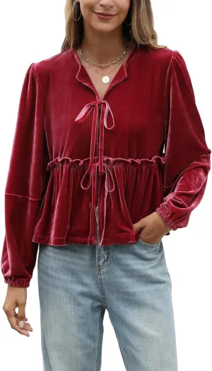 Women Velvet Blouse Tops Bow Tie Front Flowy Long Puff Sleeve V Neck Ruffle Peplum Babydoll Shirt