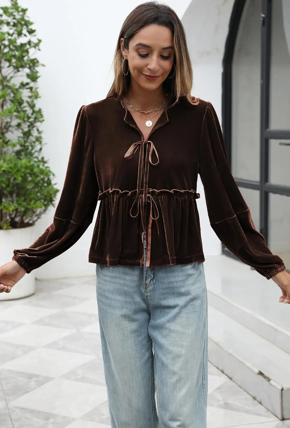 Women Velvet Blouse Tops Bow Tie Front Flowy Long Puff Sleeve V Neck Ruffle Peplum Babydoll Shirt
