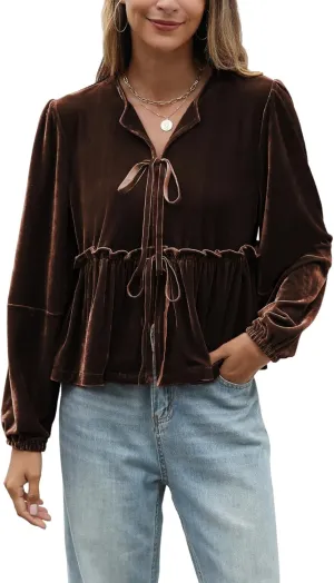 Women Velvet Blouse Tops Bow Tie Front Flowy Long Puff Sleeve V Neck Ruffle Peplum Babydoll Shirt