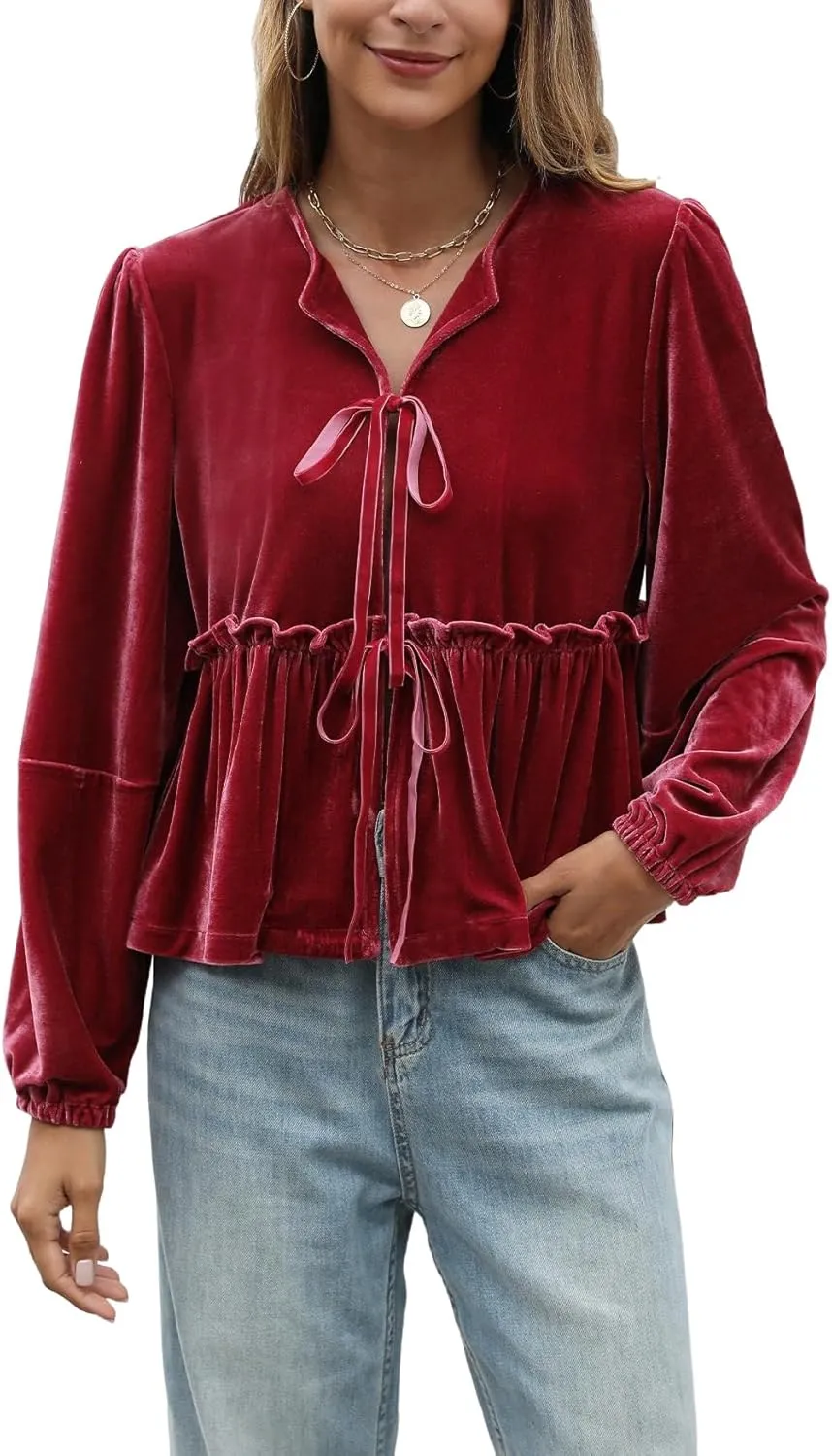 Women Velvet Blouse Tops Bow Tie Front Flowy Long Puff Sleeve V Neck Ruffle Peplum Babydoll Shirt
