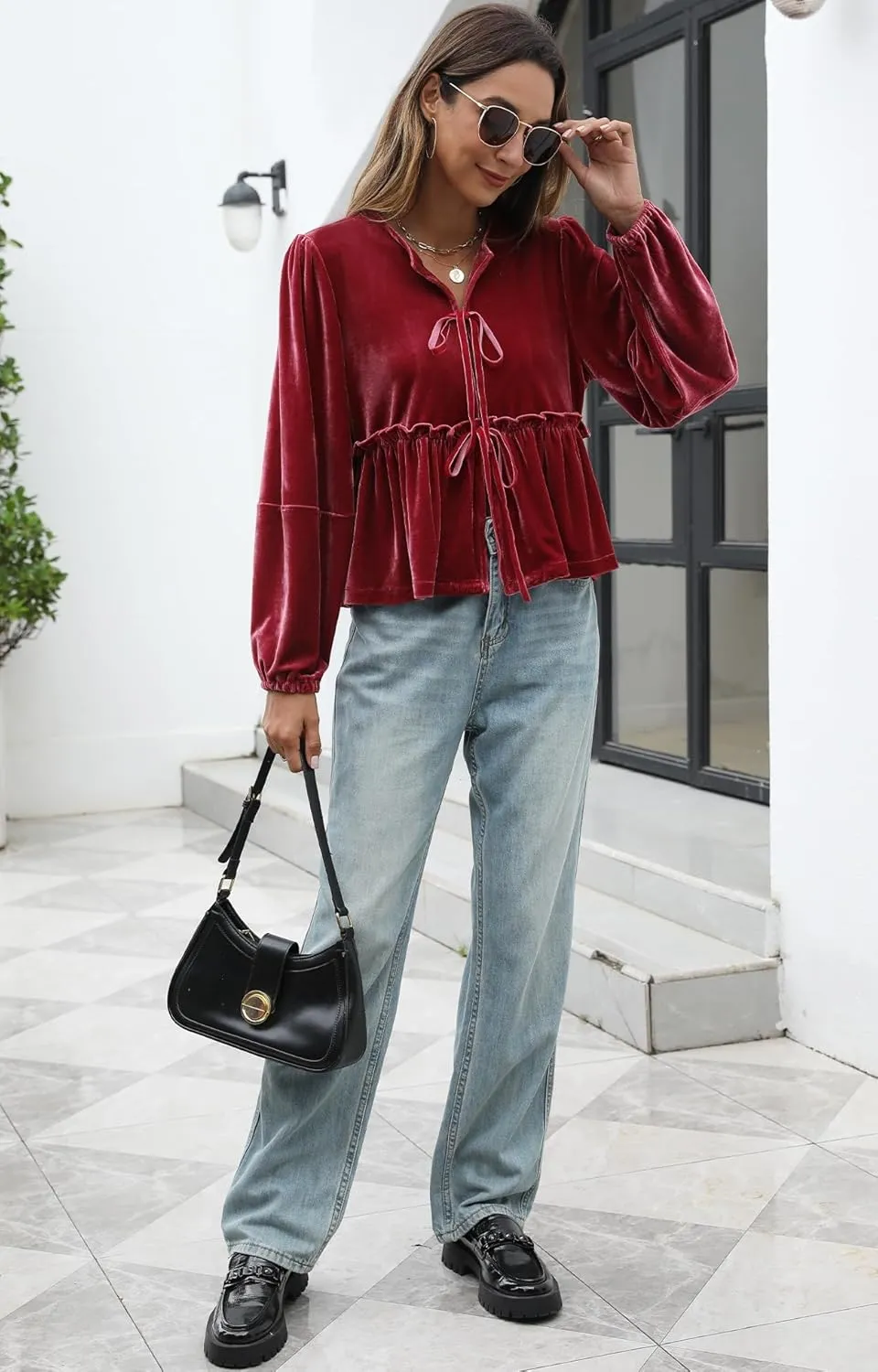 Women Velvet Blouse Tops Bow Tie Front Flowy Long Puff Sleeve V Neck Ruffle Peplum Babydoll Shirt