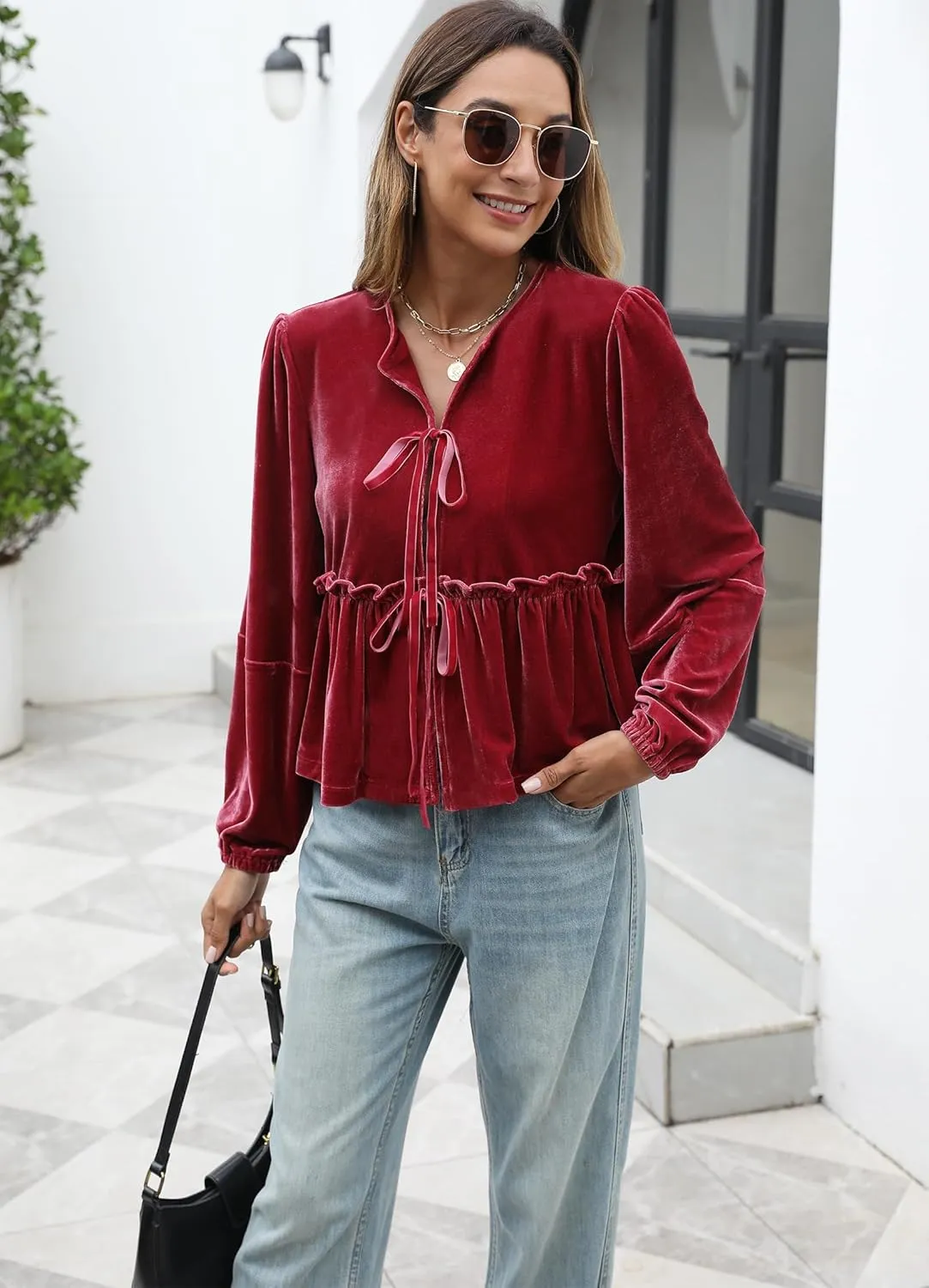 Women Velvet Blouse Tops Bow Tie Front Flowy Long Puff Sleeve V Neck Ruffle Peplum Babydoll Shirt