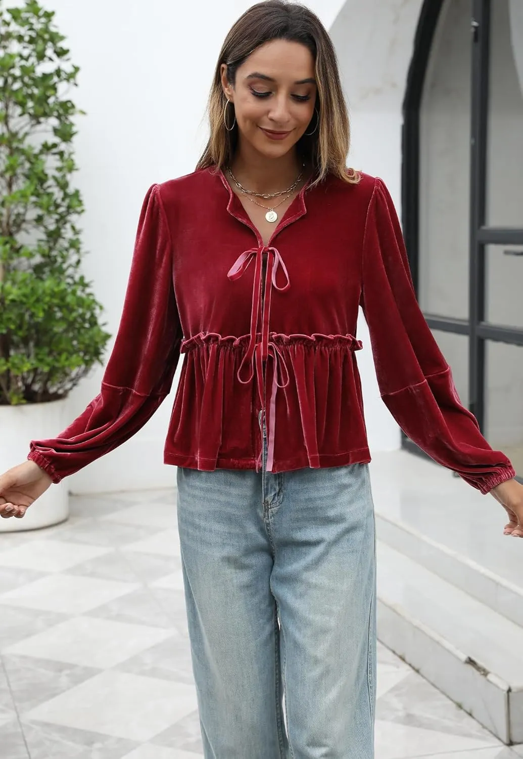 Women Velvet Blouse Tops Bow Tie Front Flowy Long Puff Sleeve V Neck Ruffle Peplum Babydoll Shirt