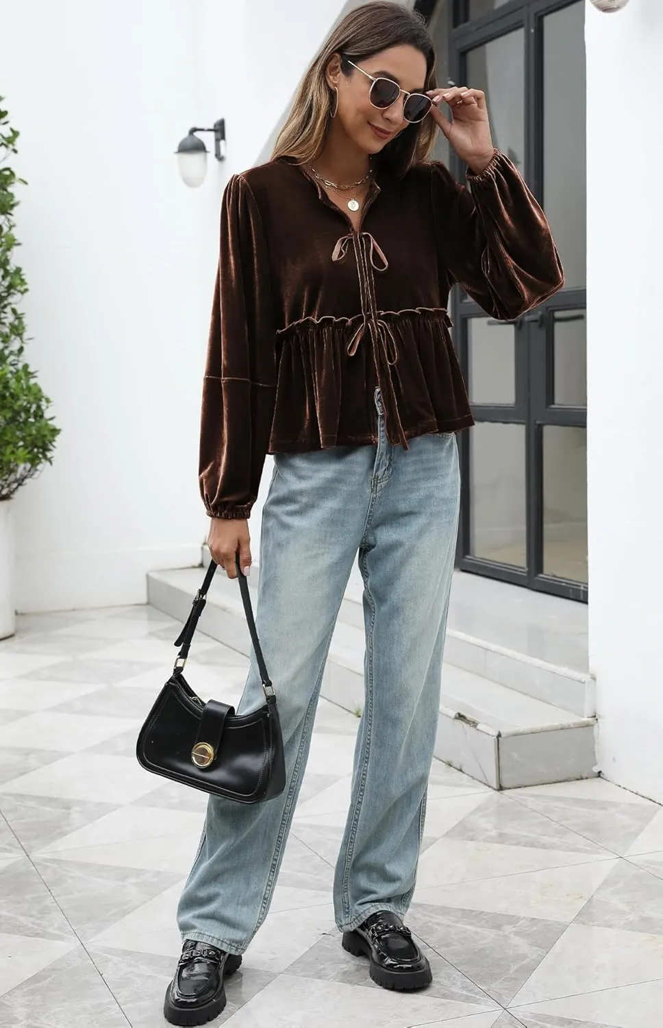 Women Velvet Blouse Tops Bow Tie Front Flowy Long Puff Sleeve V Neck Ruffle Peplum Babydoll Shirt