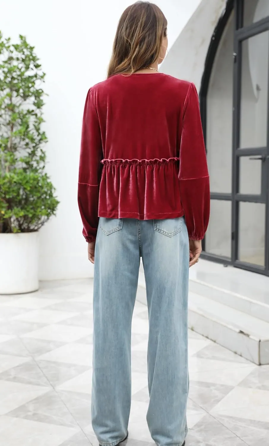 Women Velvet Blouse Tops Bow Tie Front Flowy Long Puff Sleeve V Neck Ruffle Peplum Babydoll Shirt
