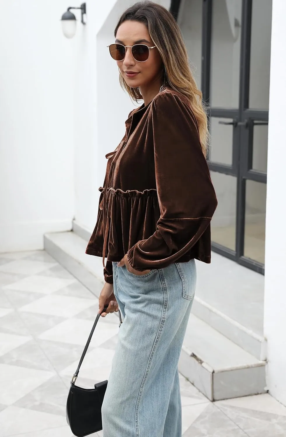 Women Velvet Blouse Tops Bow Tie Front Flowy Long Puff Sleeve V Neck Ruffle Peplum Babydoll Shirt
