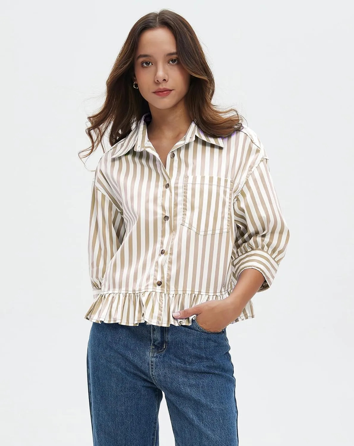 Womens Button Down Striped Shirts Peplum Ruffle Hem 3/4 Sleeve Casual Loose Babydoll Blouse Tops with Pocket