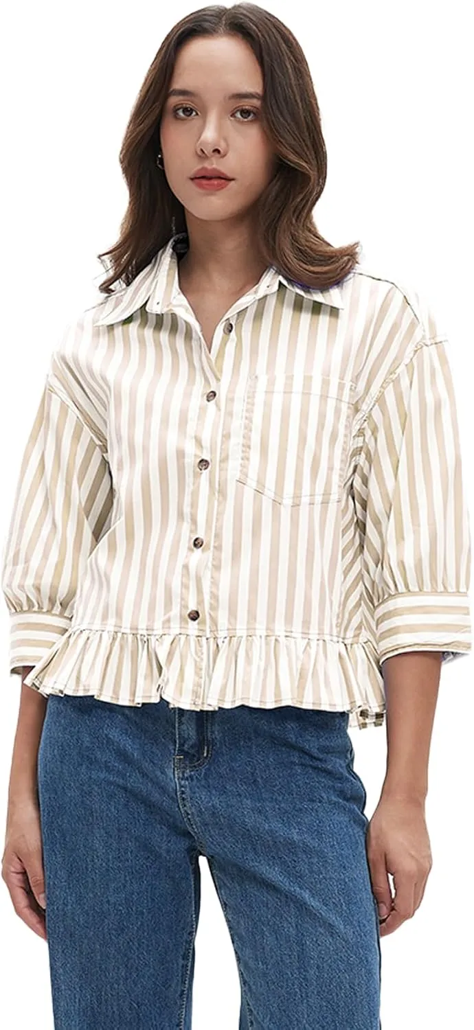 Womens Button Down Striped Shirts Peplum Ruffle Hem 3/4 Sleeve Casual Loose Babydoll Blouse Tops with Pocket