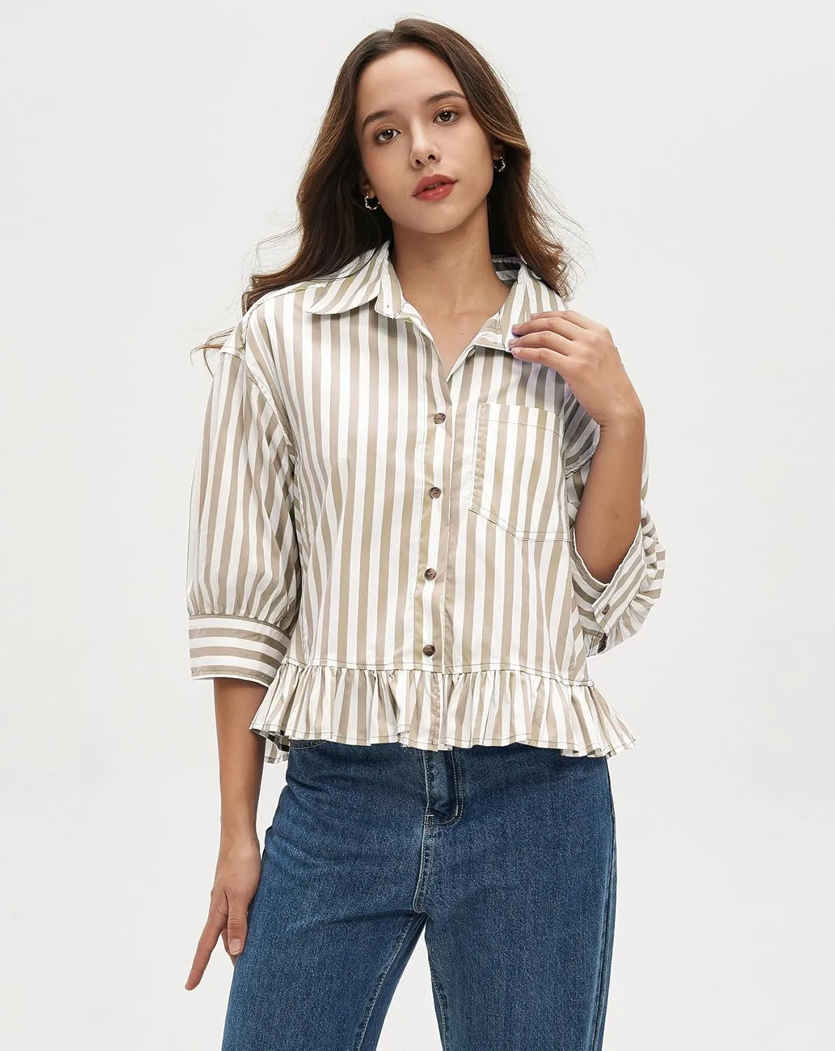 Womens Button Down Striped Shirts Peplum Ruffle Hem 3/4 Sleeve Casual Loose Babydoll Blouse Tops with Pocket