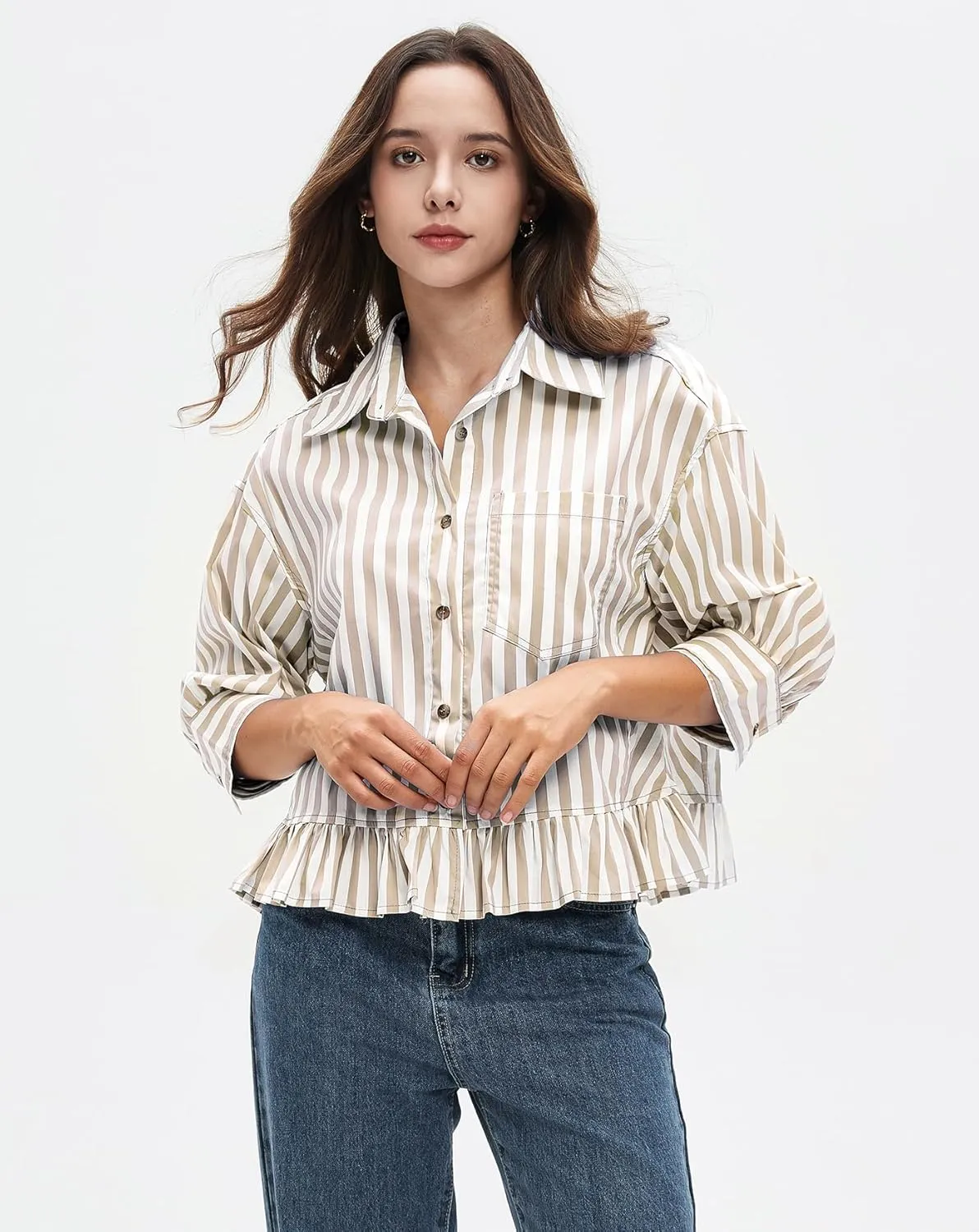 Womens Button Down Striped Shirts Peplum Ruffle Hem 3/4 Sleeve Casual Loose Babydoll Blouse Tops with Pocket
