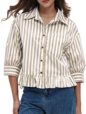 Womens Button Down Striped Shirts Peplum Ruffle Hem 3/4 Sleeve Casual Loose Babydoll Blouse Tops with Pocket