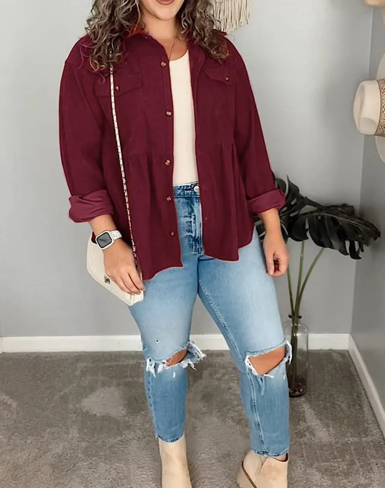 Womens Corduroy Peplum Shirts Tops Cute Long Sleeve Button Down Blouses with Pockets