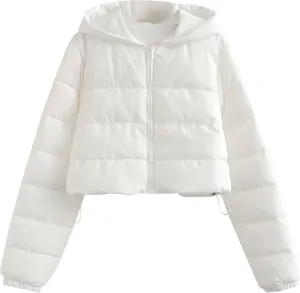 Womens Crop Down Coat Lightweight Hooded Puffer Jackets Drawstring Long Sleeve Outwear with Pockets Winter Jackets