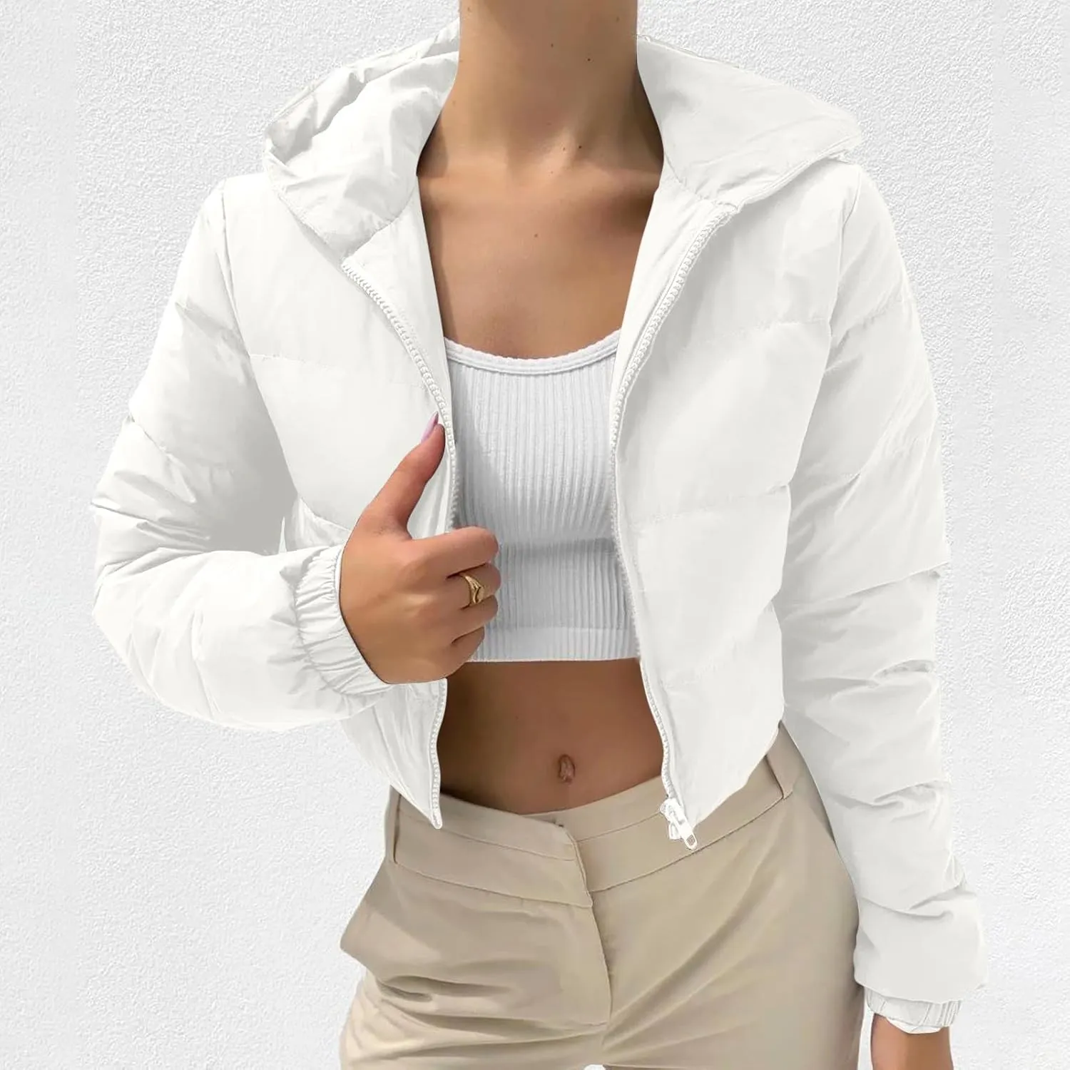 Womens Crop Down Coat Lightweight Hooded Puffer Jackets Drawstring Long Sleeve Outwear with Pockets Winter Jackets