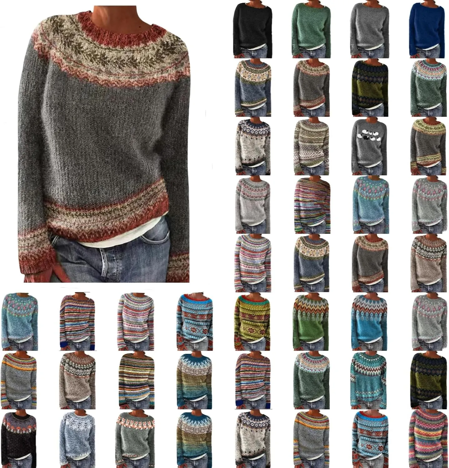 Women's Fair Isle Sweater Winter Warm Wool Knit Vintage Sweaters Retro Long Sleeve Boat Neck Lightweight Pullover Top