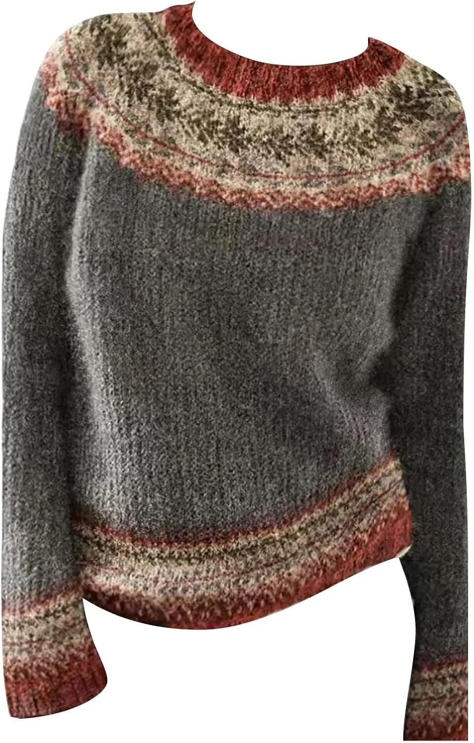 Women's Fair Isle Sweater Winter Warm Wool Knit Vintage Sweaters Retro Long Sleeve Boat Neck Lightweight Pullover Top