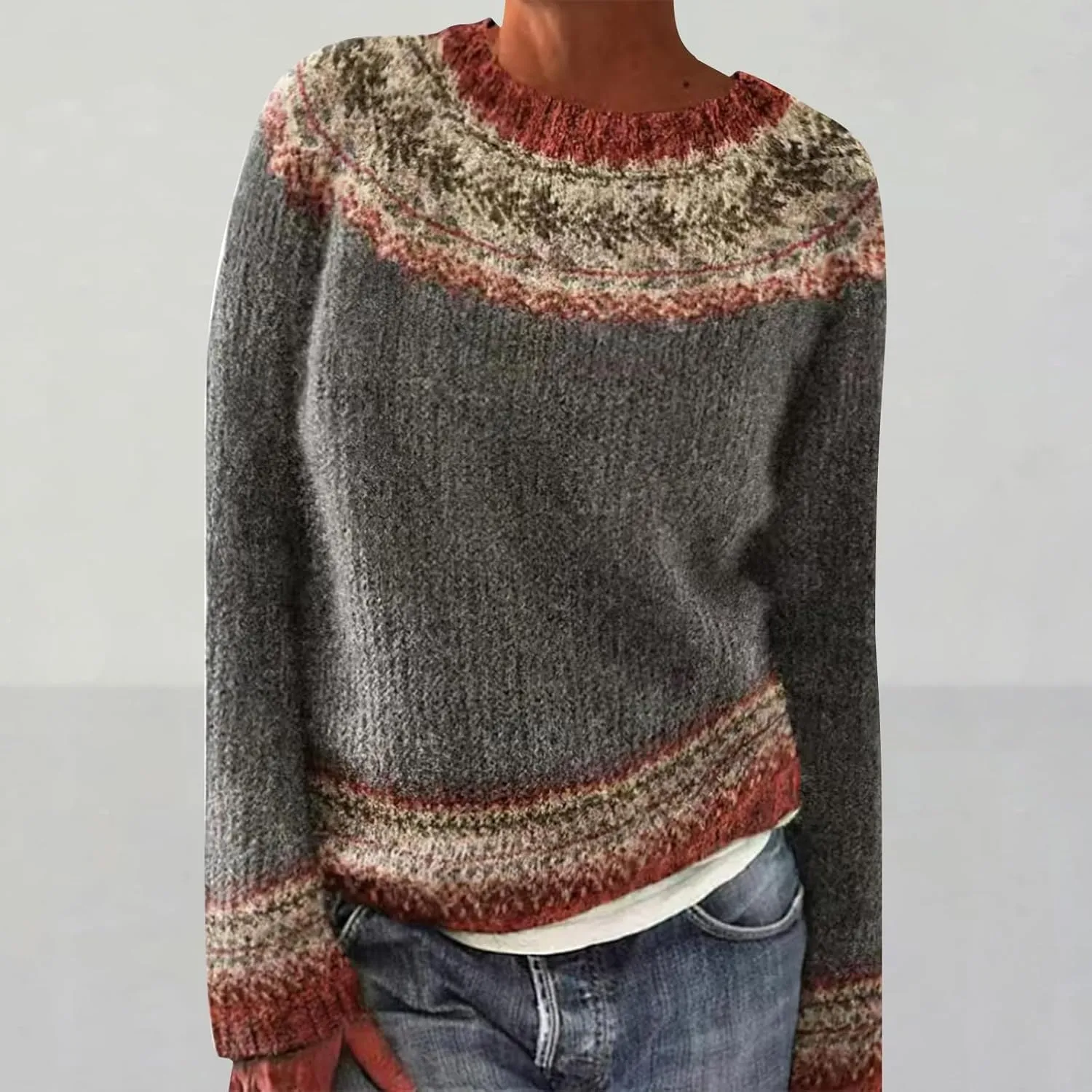 Women's Fair Isle Sweater Winter Warm Wool Knit Vintage Sweaters Retro Long Sleeve Boat Neck Lightweight Pullover Top