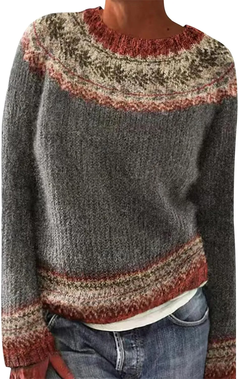 Women's Fair Isle Sweater Winter Warm Wool Knit Vintage Sweaters Retro Long Sleeve Boat Neck Lightweight Pullover Top
