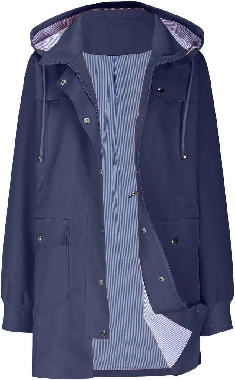 Women's Raincoats Waterproof Lightweight Raincoat with Hood Outdoor Windbreaker Rain Jacket Adjustable Waist