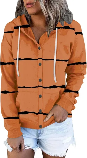 Womens Striped Casual Sweatshirt Oversized Drawstring Casual V Neck Button Up Hoodies Fall Long Sleeve Hooded Jackets