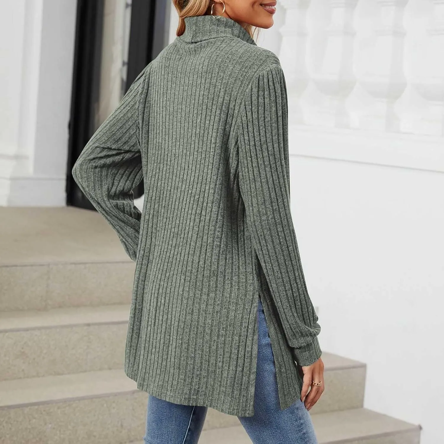 Womens Tunic Tops Turtleneck Long Sleeve Shirts Oversized Fall Sweaters Side Split High Low Hemline