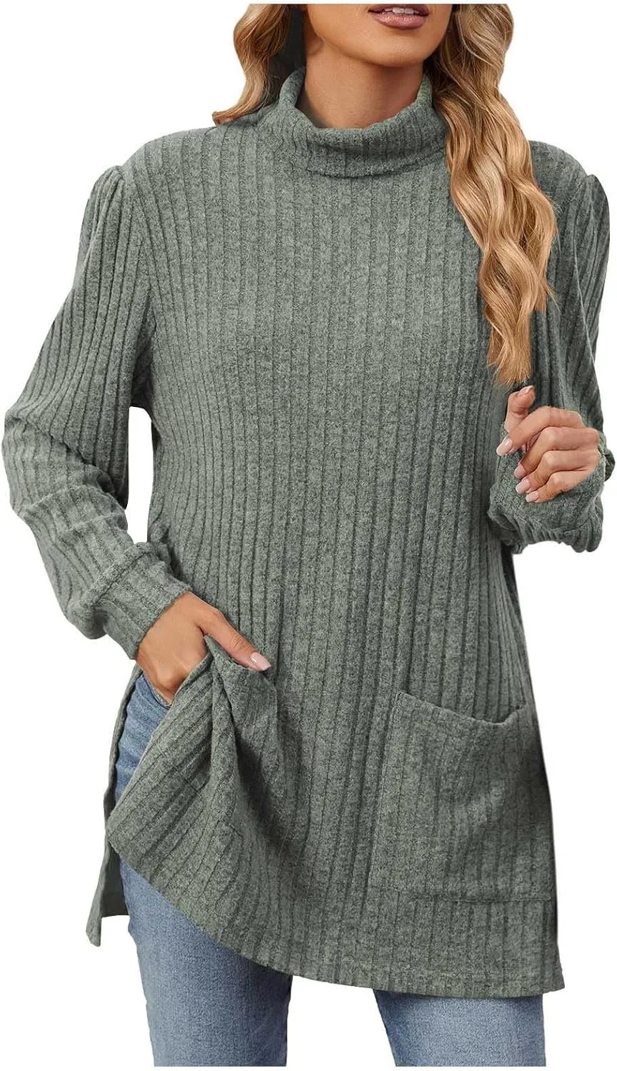Womens Tunic Tops Turtleneck Long Sleeve Shirts Oversized Fall Sweaters Side Split High Low Hemline