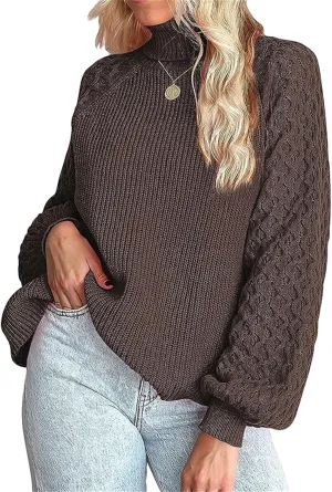 Women's Turtleneck Ribbed Cable Knit Pullover Sweaters Lantern Sleeve Oversized Solid Sweatshirt Warm Casual Tops