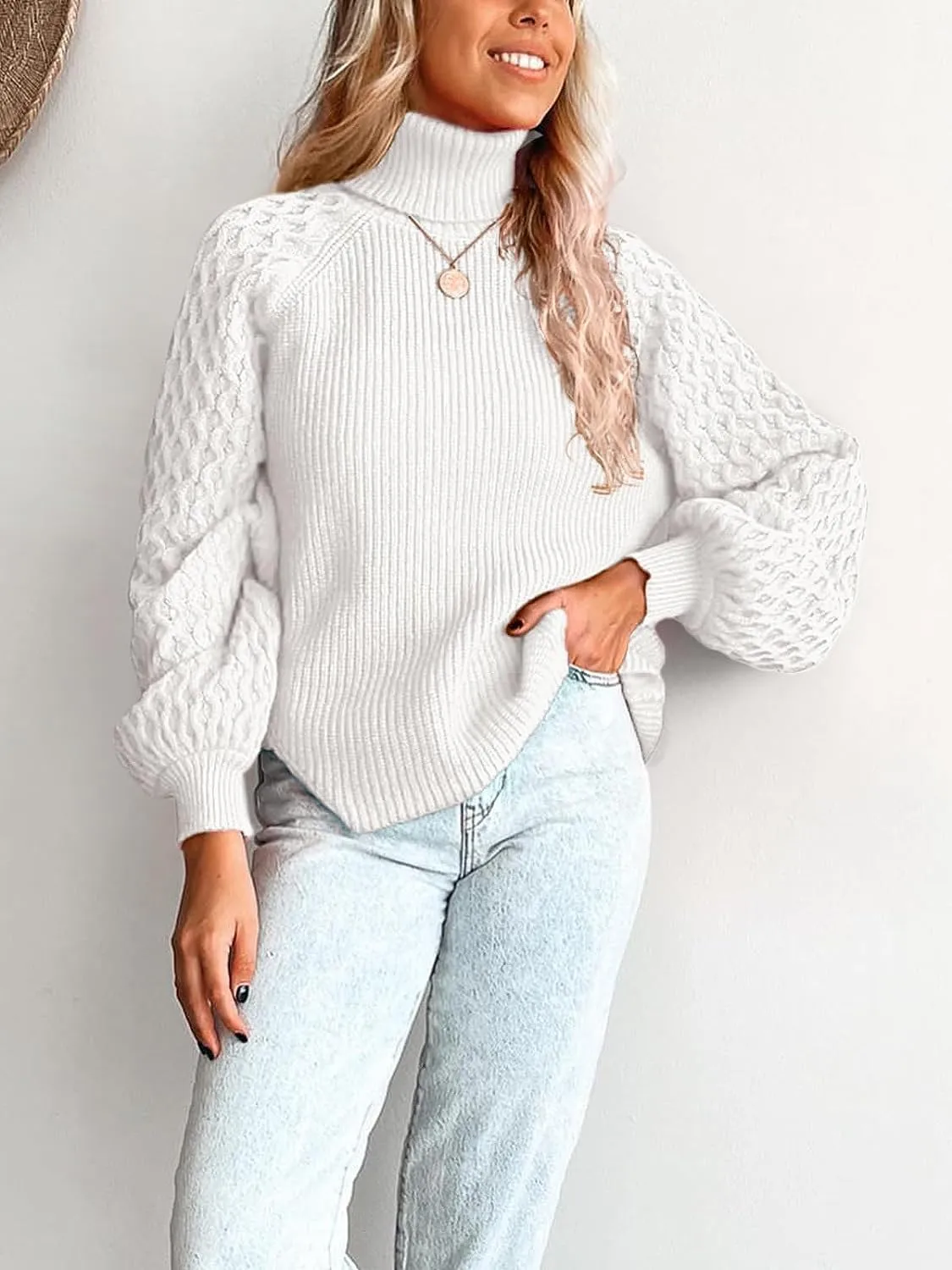 Women's Turtleneck Ribbed Cable Knit Pullover Sweaters Lantern Sleeve Oversized Solid Sweatshirt Warm Casual Tops