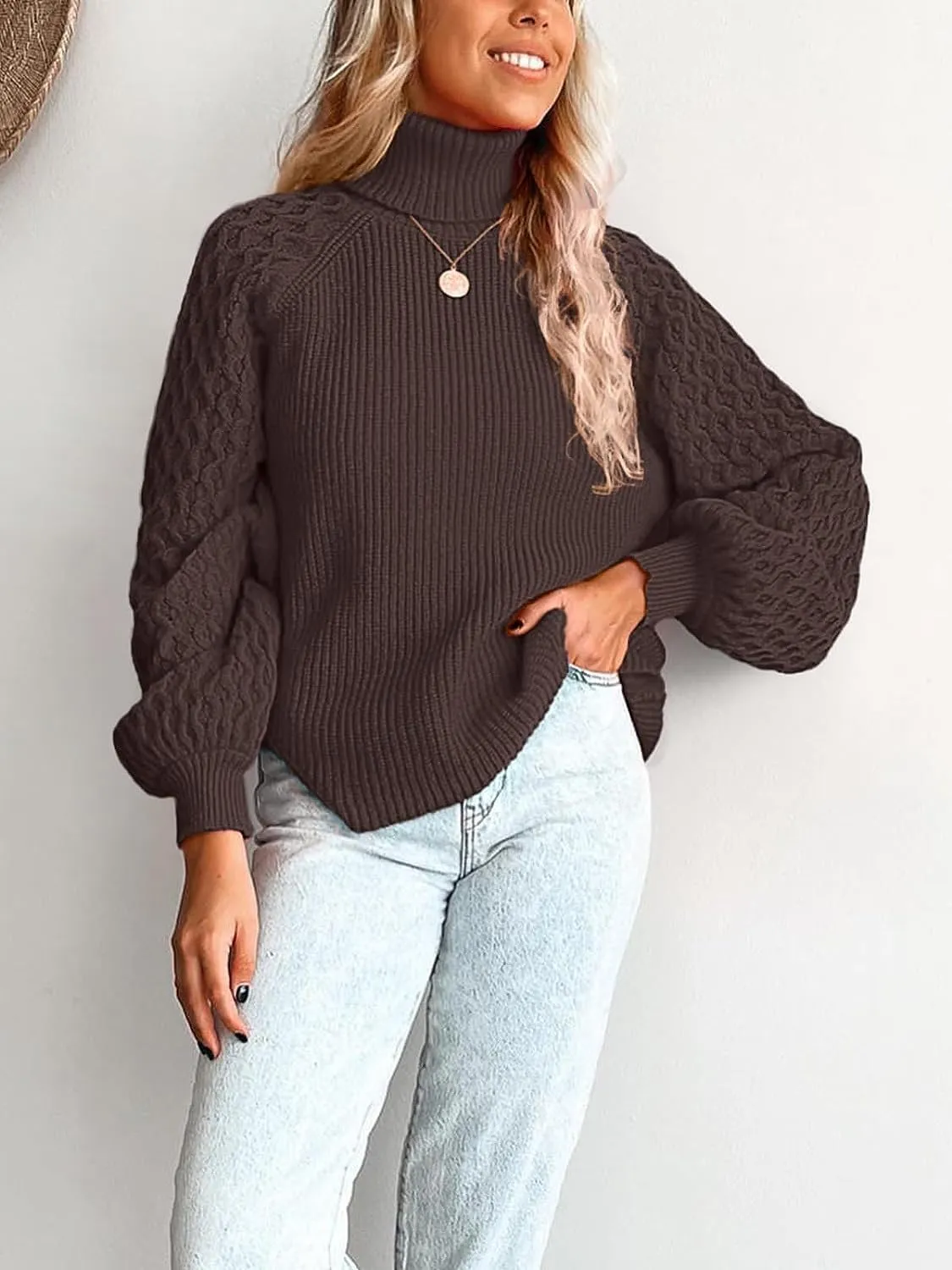 Women's Turtleneck Ribbed Cable Knit Pullover Sweaters Lantern Sleeve Oversized Solid Sweatshirt Warm Casual Tops