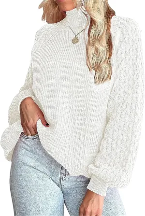 Women's Turtleneck Ribbed Cable Knit Pullover Sweaters Lantern Sleeve Oversized Solid Sweatshirt Warm Casual Tops