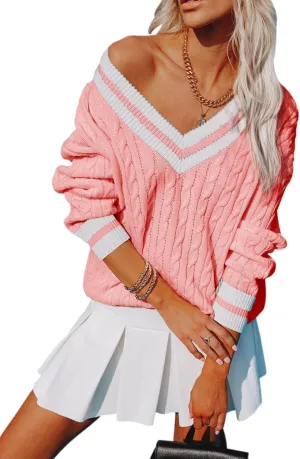 Womens V Neck Oversized Sweaters Long Sleeve Cable Knit Pullover Striped Chunky Sweater Casual Tennis Tunic Tops