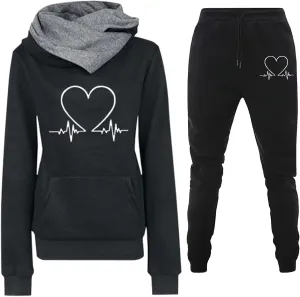 Womens Valentines 2 Piece Tracksuit Heartbeat Print Hooded Trendy Sweatsuit Sets Outdoor Jogging Casual Sportwear Set