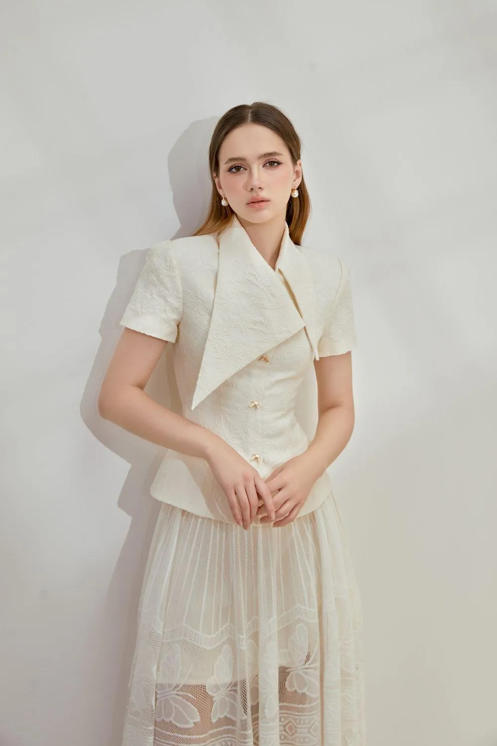 Xian Peplum V-Neck Brocade Shirt