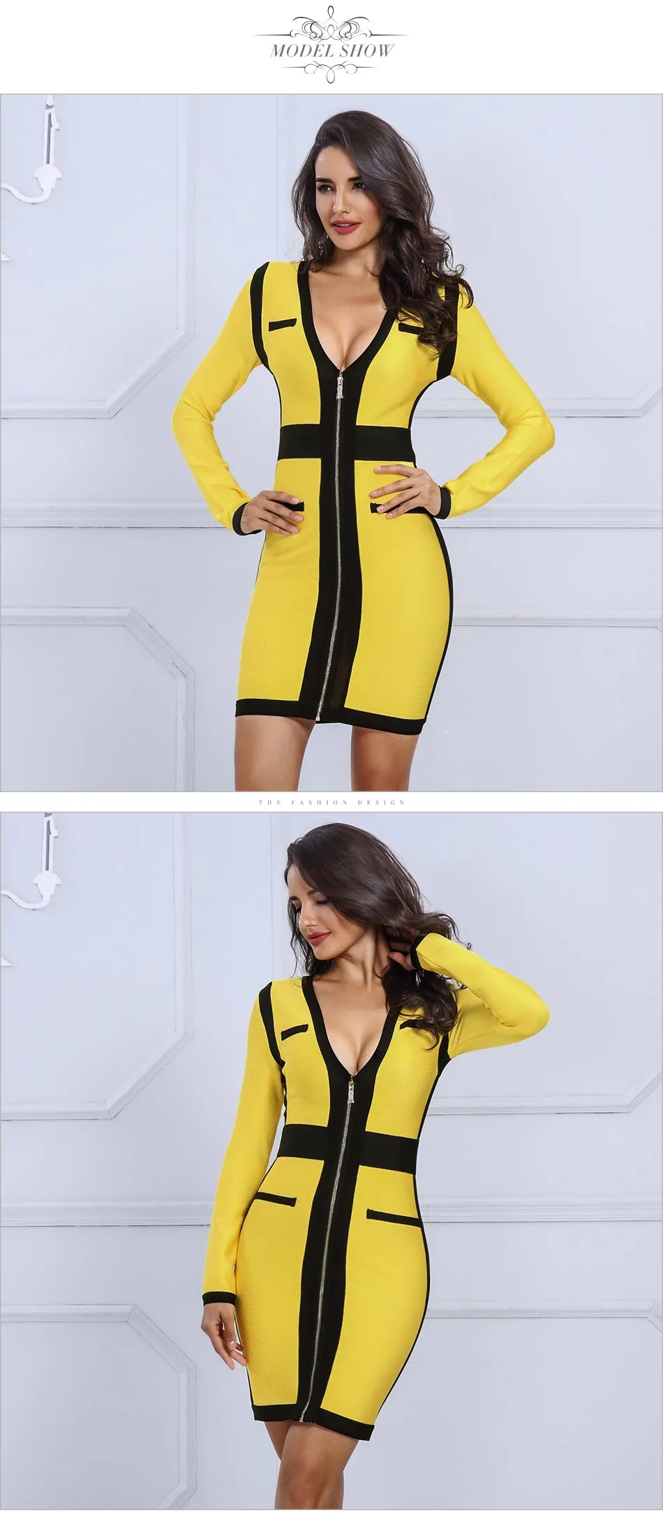 Yellow&Black Women V Neck Long Sleeve  Dress