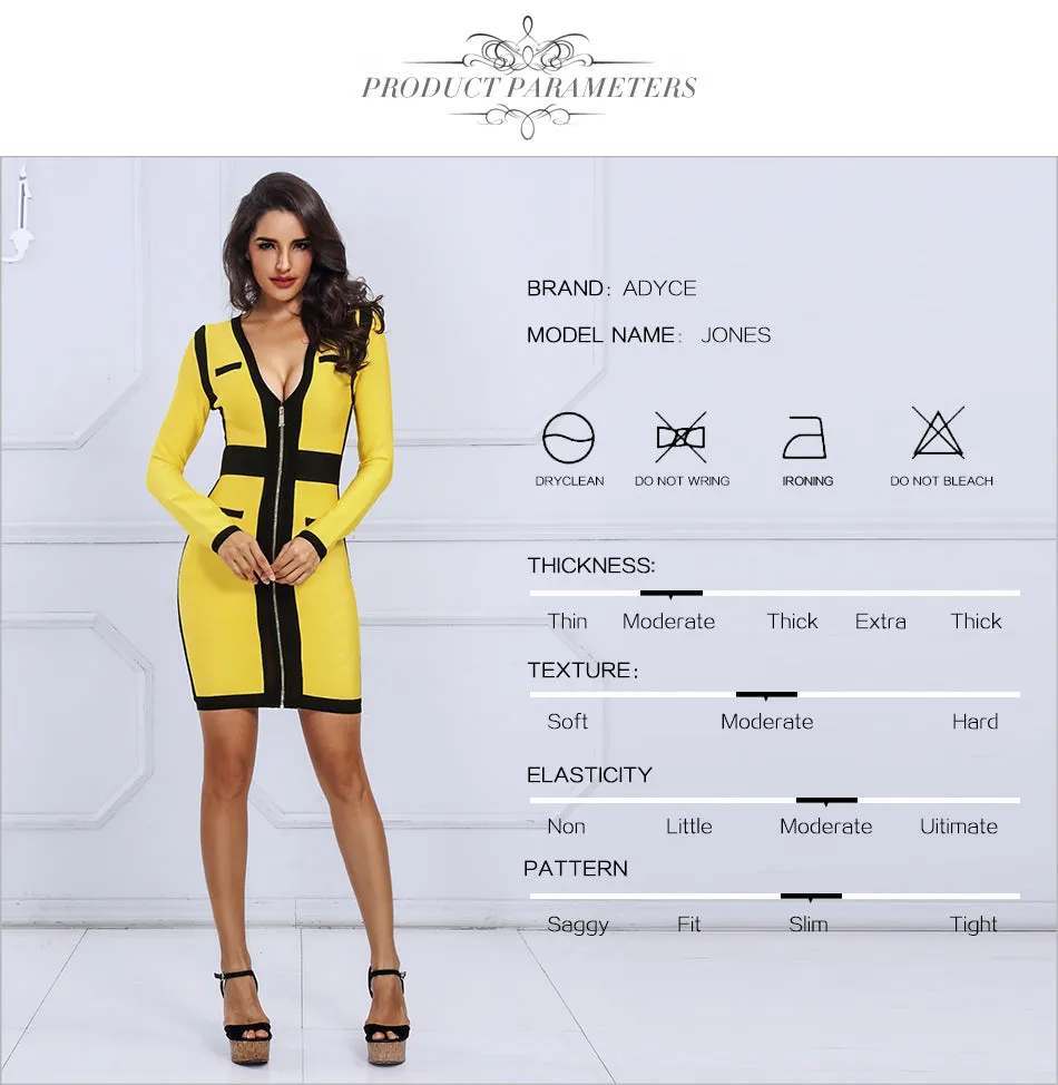 Yellow&Black Women V Neck Long Sleeve  Dress