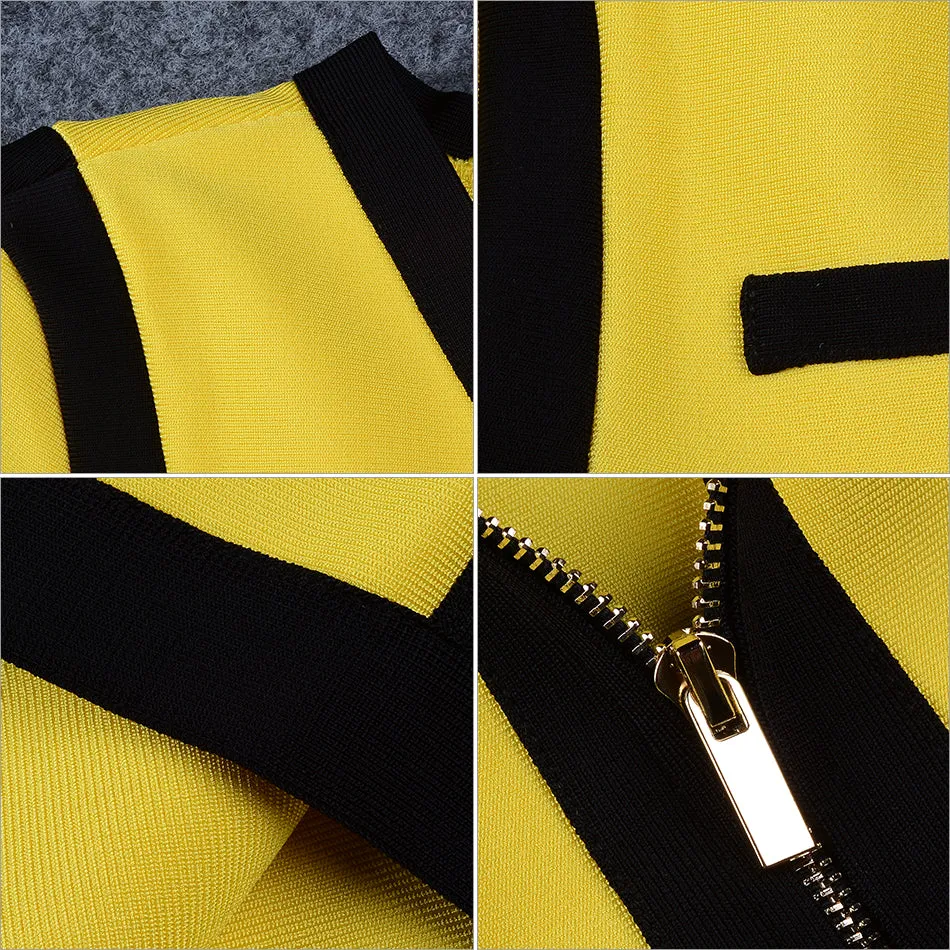 Yellow&Black Women V Neck Long Sleeve  Dress