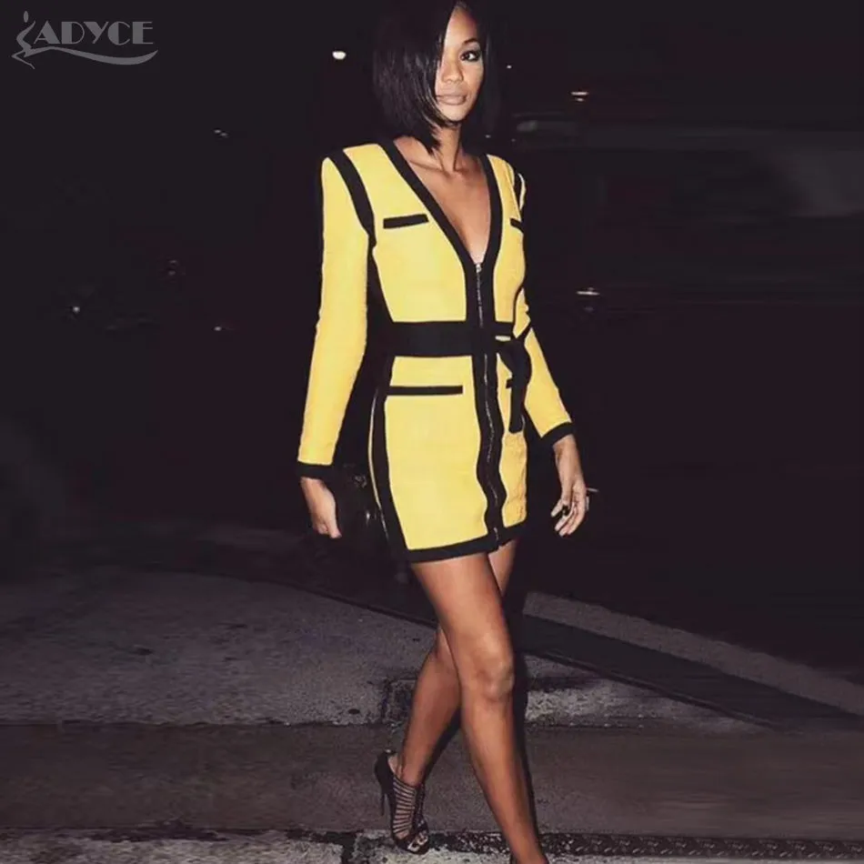 Yellow&Black Women V Neck Long Sleeve  Dress