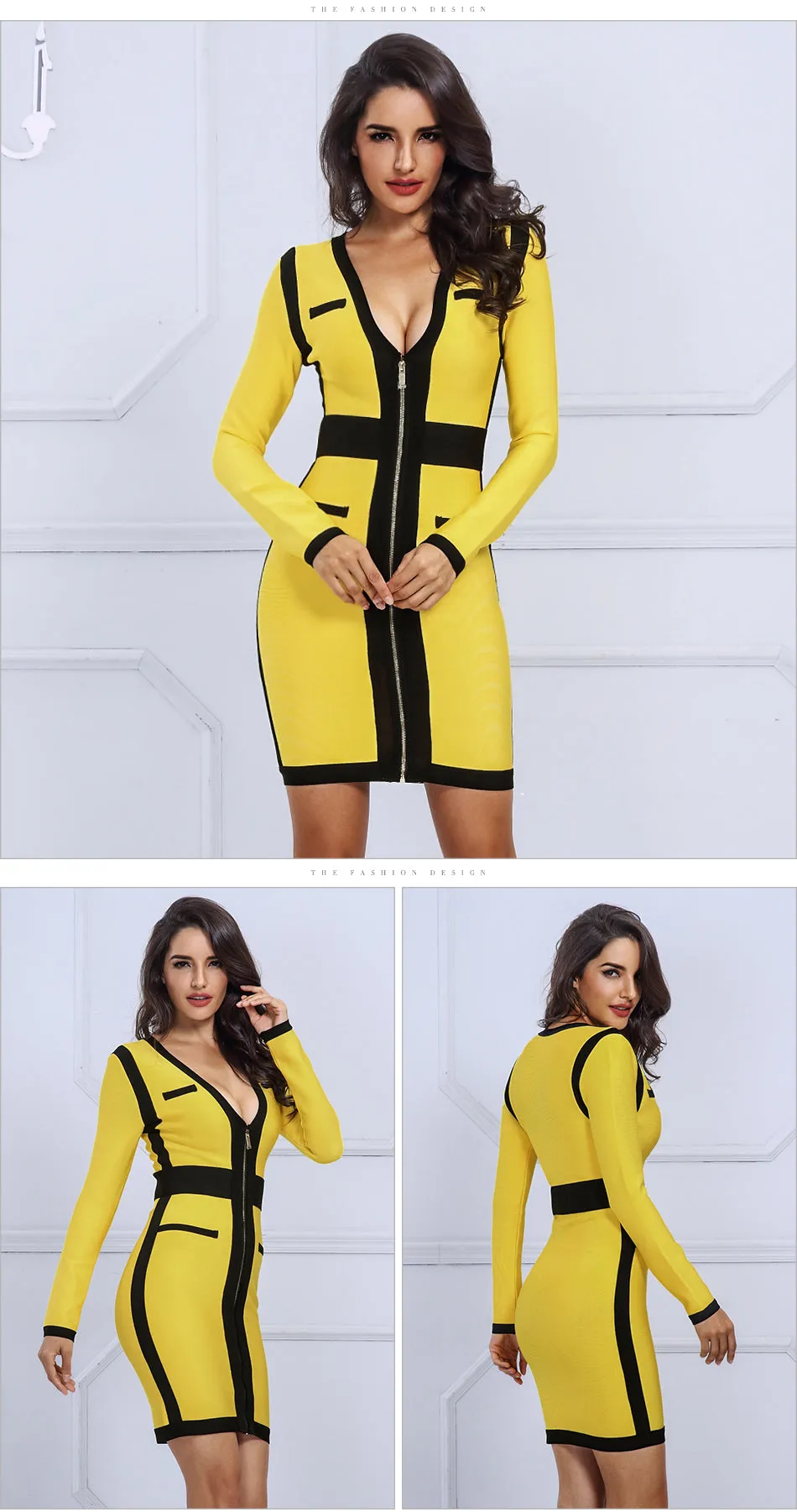 Yellow&Black Women V Neck Long Sleeve  Dress
