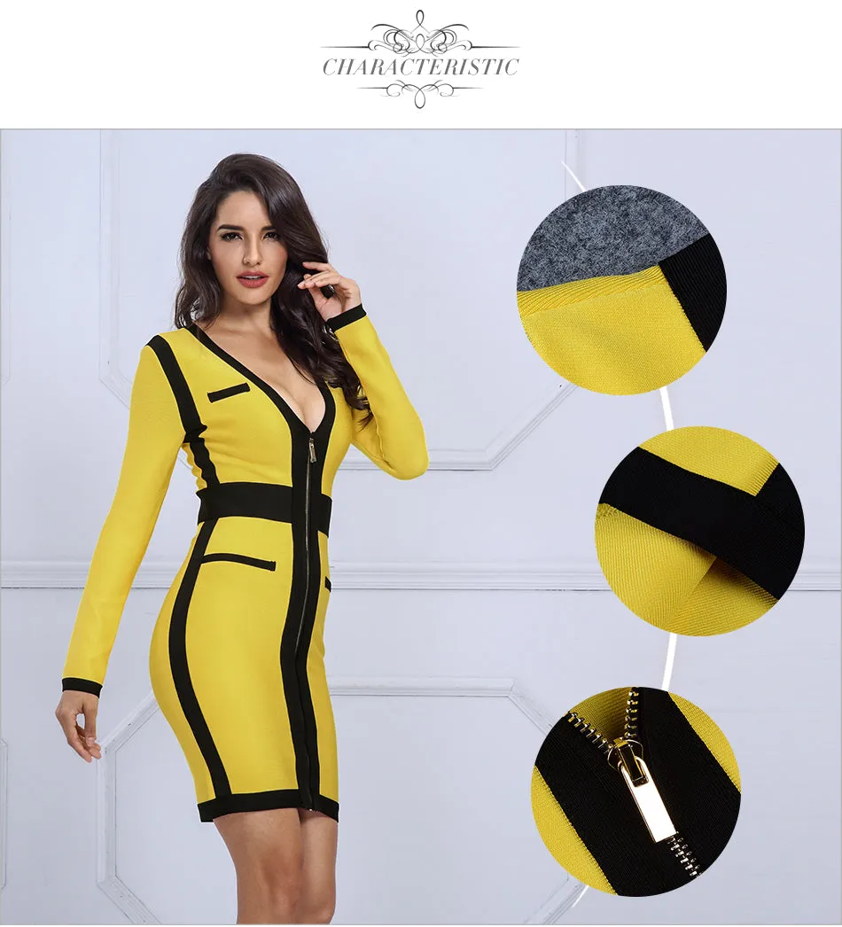 Yellow&Black Women V Neck Long Sleeve  Dress