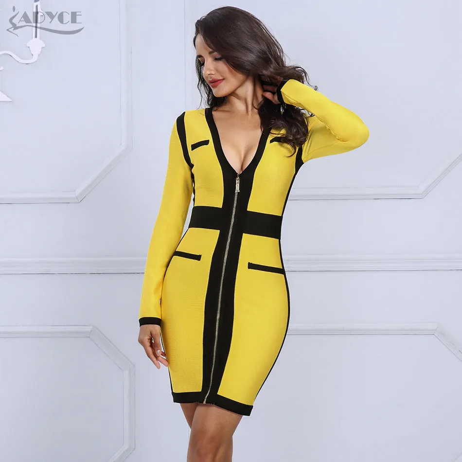 Yellow&Black Women V Neck Long Sleeve  Dress